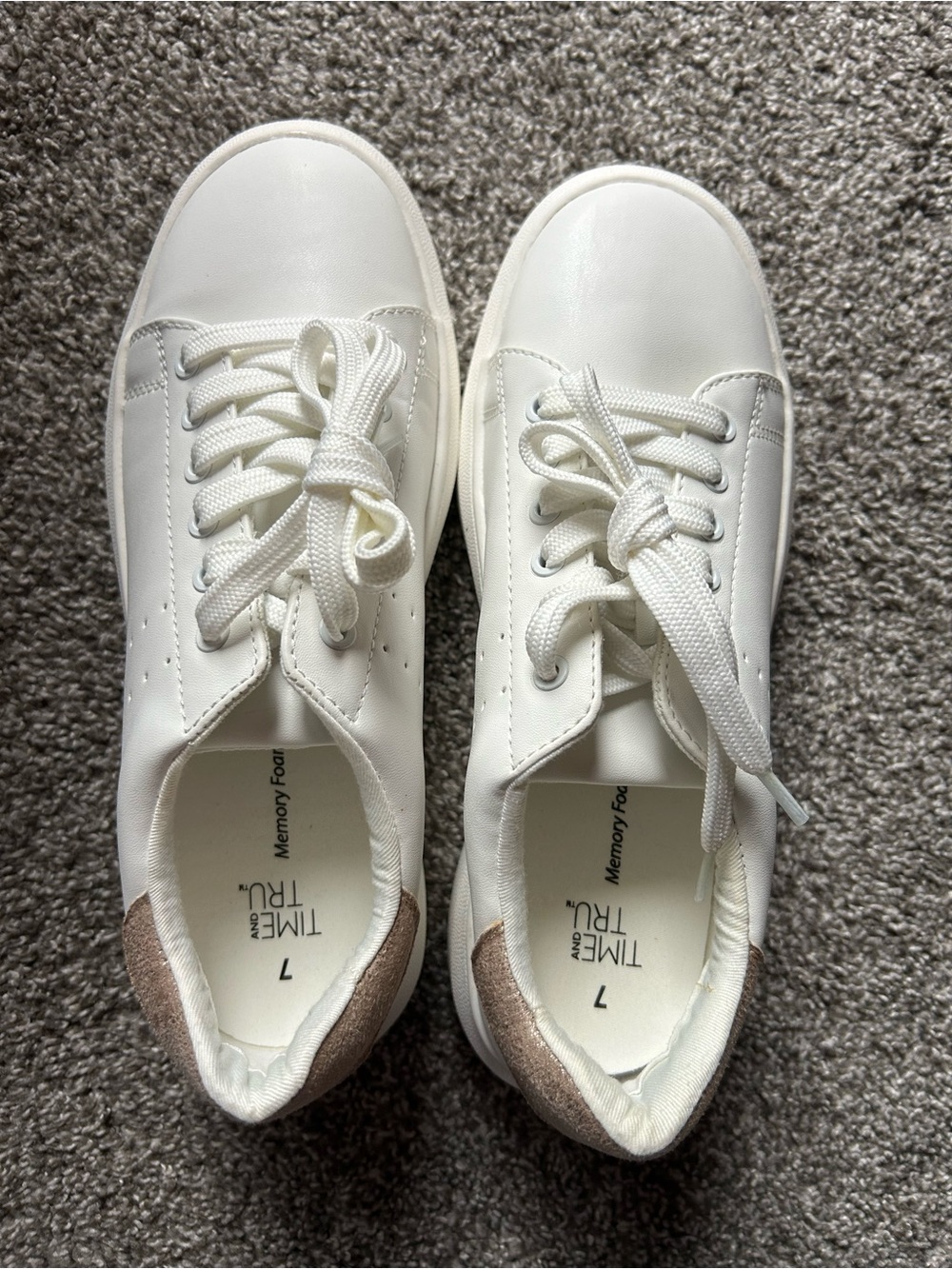 Time and Tru White Sneakers with shimmery Taupe Heel Trim